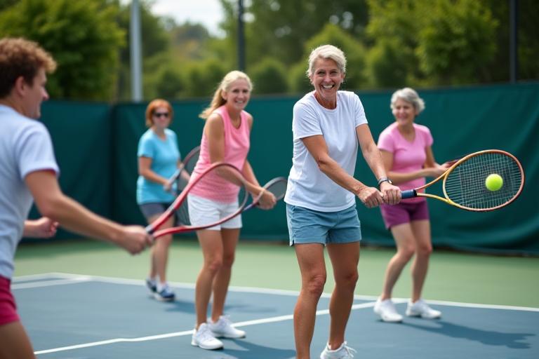A group of adults participating in a tennis clinic.